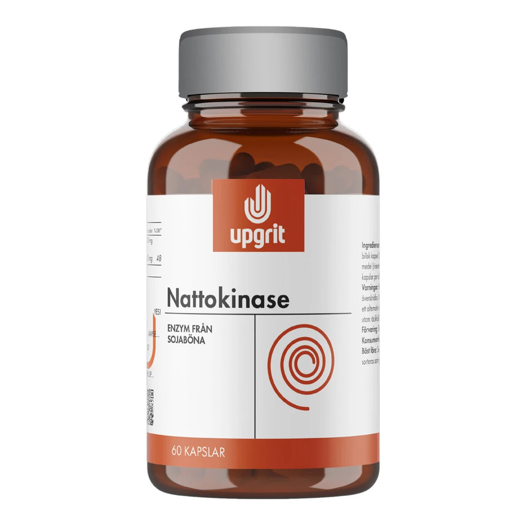 Upgrit Nattokinase 60 kapselia pakattuna ruskeaan purkkiin, jossa on valko-oranssi etiketti ja harmaa kansi., kuva 1/1