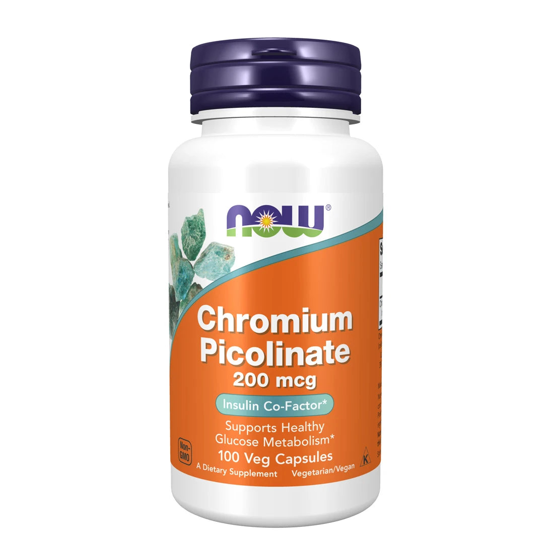 NOW Chromium Picolinate 200 mcg 100 vegcaps valkoisessa muovipurkissa, jossa on lila korkki ja oranssi etiketti., kuva 1/1