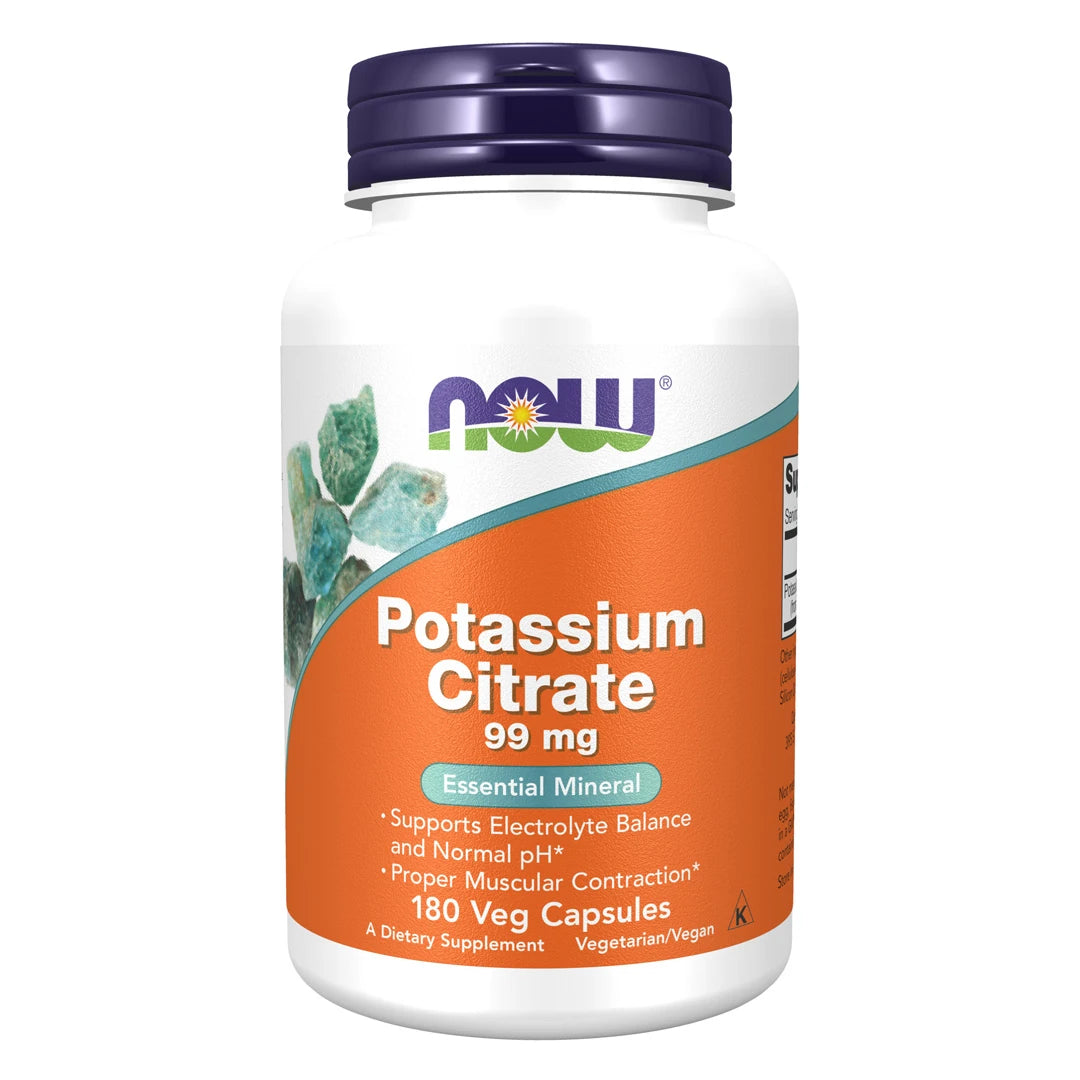NOW Potassium (Kalium) Citrate 180 vegcaps i en vit plastburk med lila lock och orange etikett., bild 1 av 1