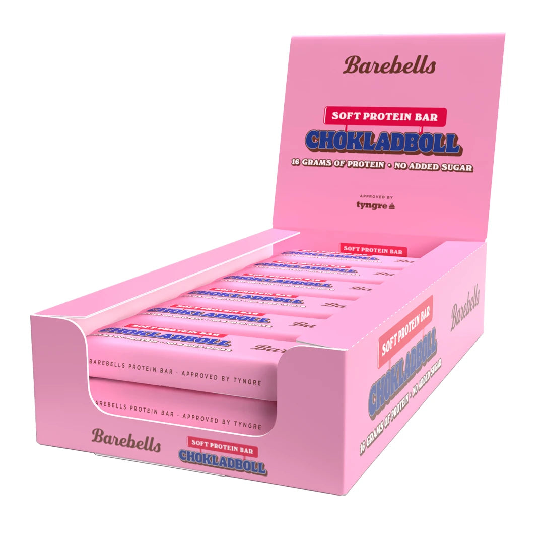 12 x Barebells Soft Bar 55 g Chokladboll vaaleanpunaisessa esittelylaatikossa täynnä proteiinipatukoita., kuva 1/1