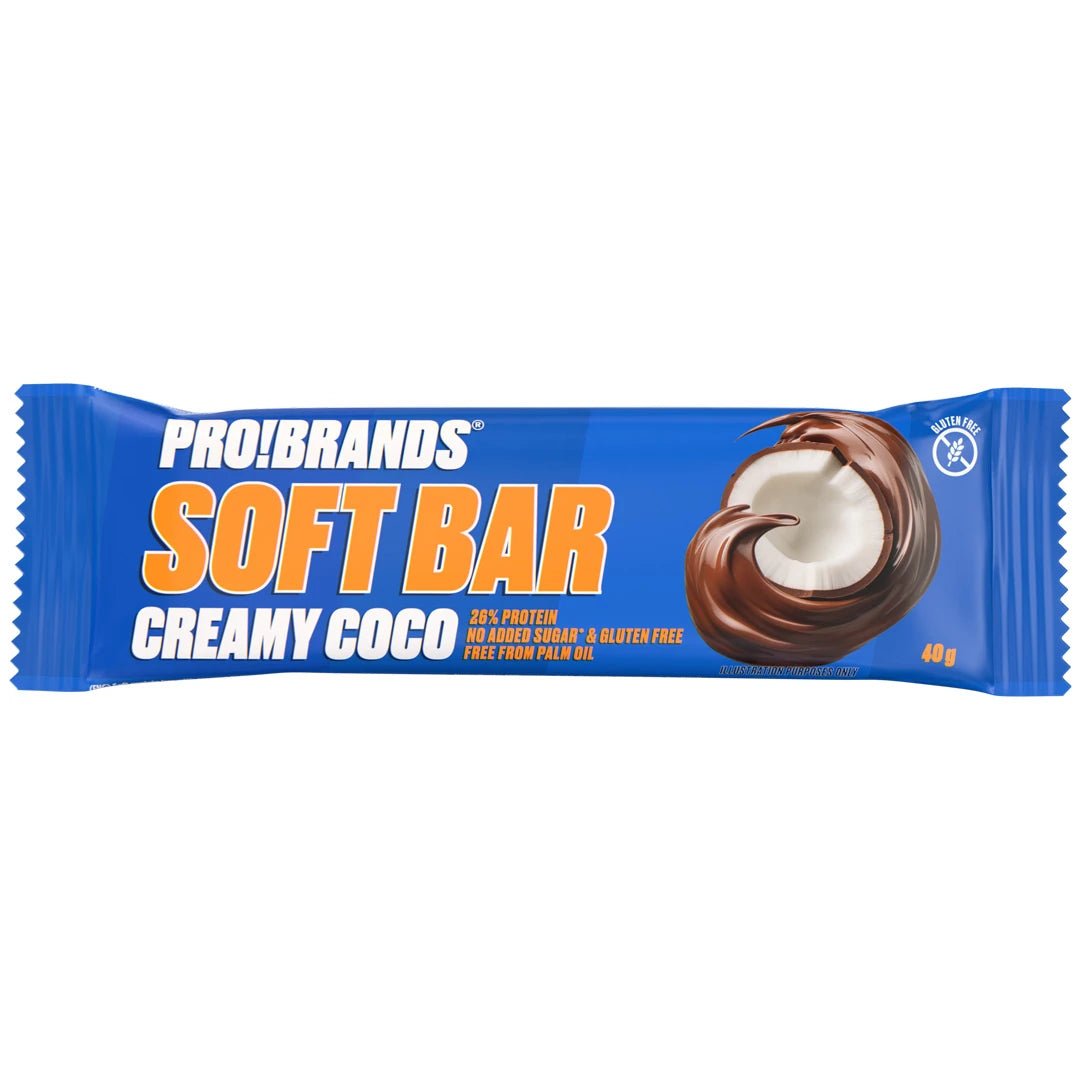 Pro Brands Softbar 40 g -proteiinipatukka sinisessä pakkauksessa suklaa- ja kookoskuvituksella, makuna Creamy Coco., kuva 1/3