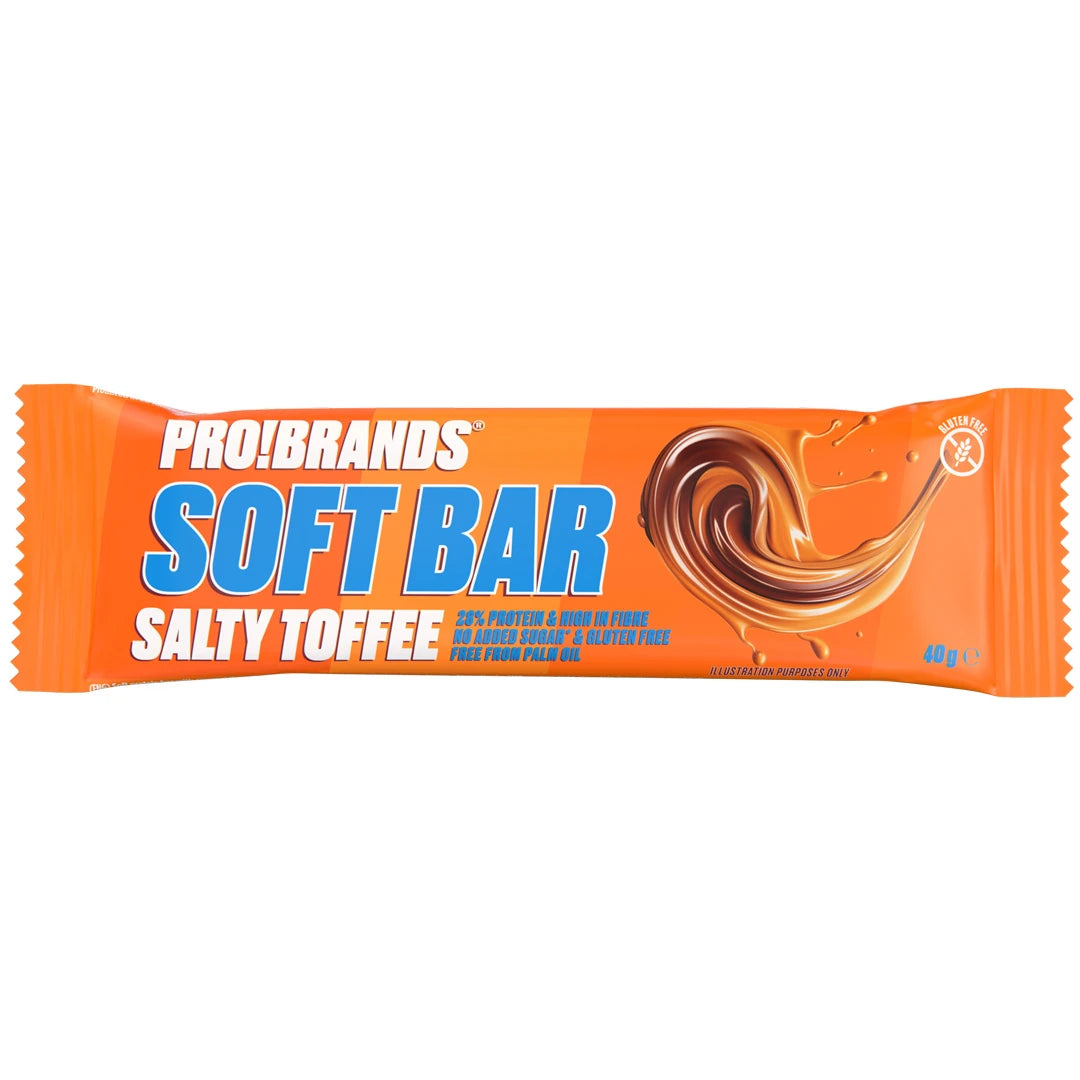 Pro Brands Softbar 40 g -proteiinipatukka oranssissa pakkauksessa, makuna Salty Toffee., kuva 2/3