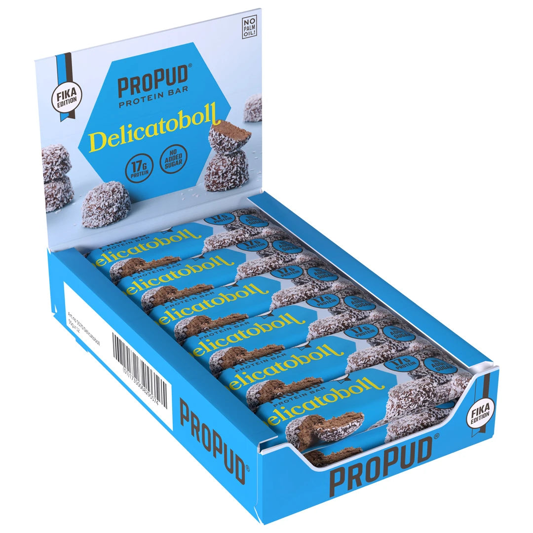 12 x NJIE ProPud Proteinbar 55 g Delicatoboll vaaleansinisessä ja valkoisessa esittelylaatikossa., kuva 1/1