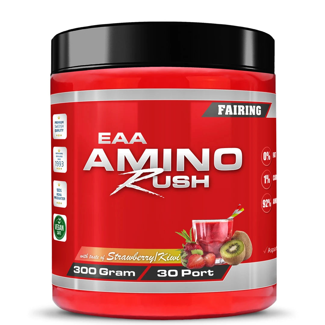 Fairing Amino Rush 300 g EAA-jauhe punaisessa purkissa, jossa on musta kansi, makuna Strawberry Kiwi., kuva 2/4