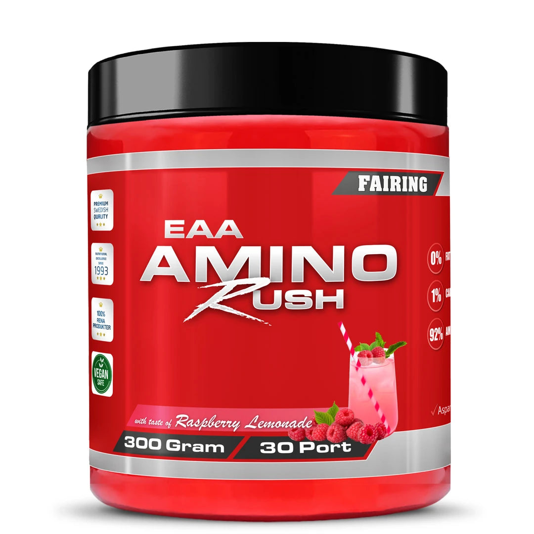 Fairing Amino Rush 300 g EAA-jauhe punaisessa, mustakantisessa purkissa, makuna Raspberry Lemonade., kuva 3/4