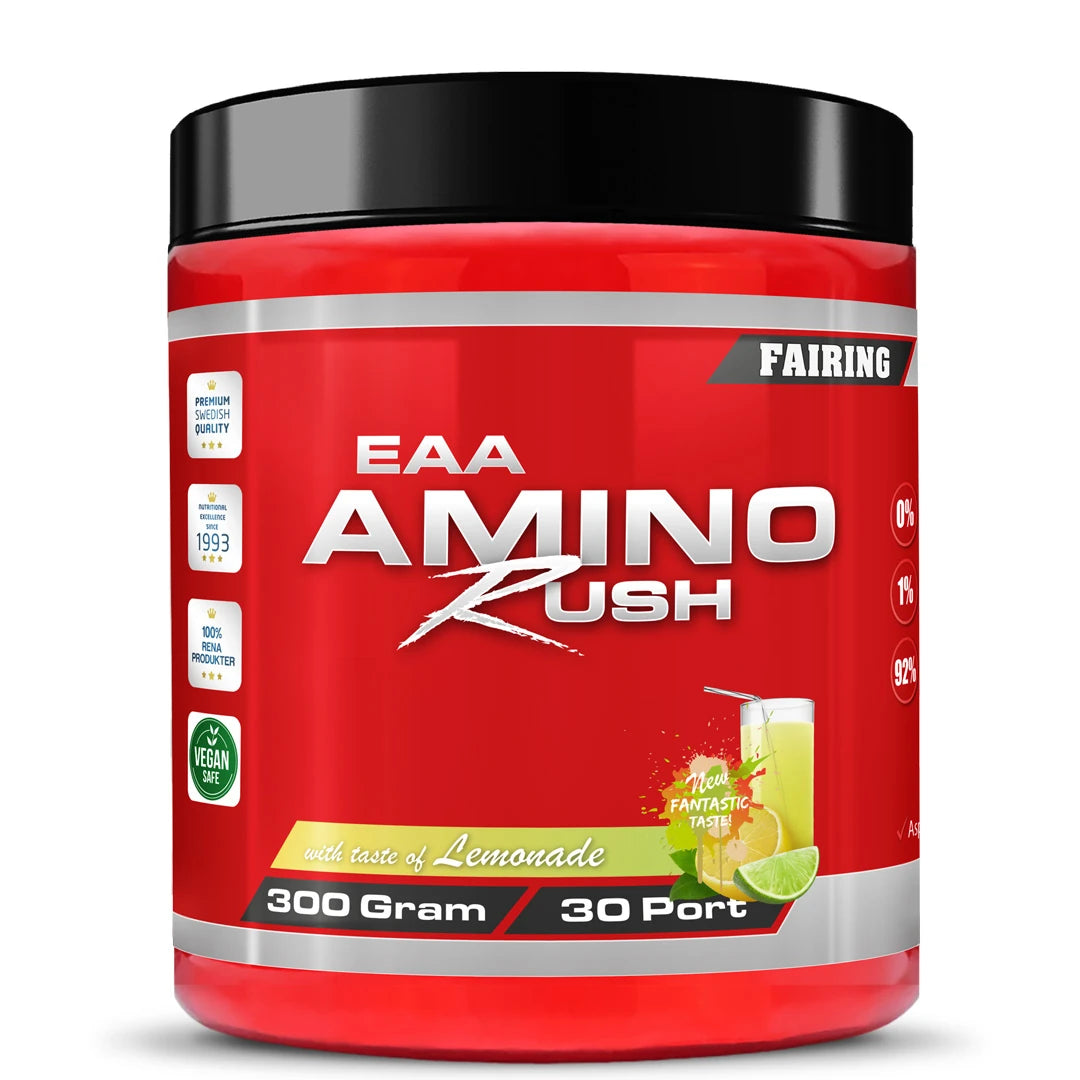 Fairing Amino Rush 300 g EAA-jauhe punaisessa purkissa, jossa on musta kansi, makuna Lemonade., kuva 4/4