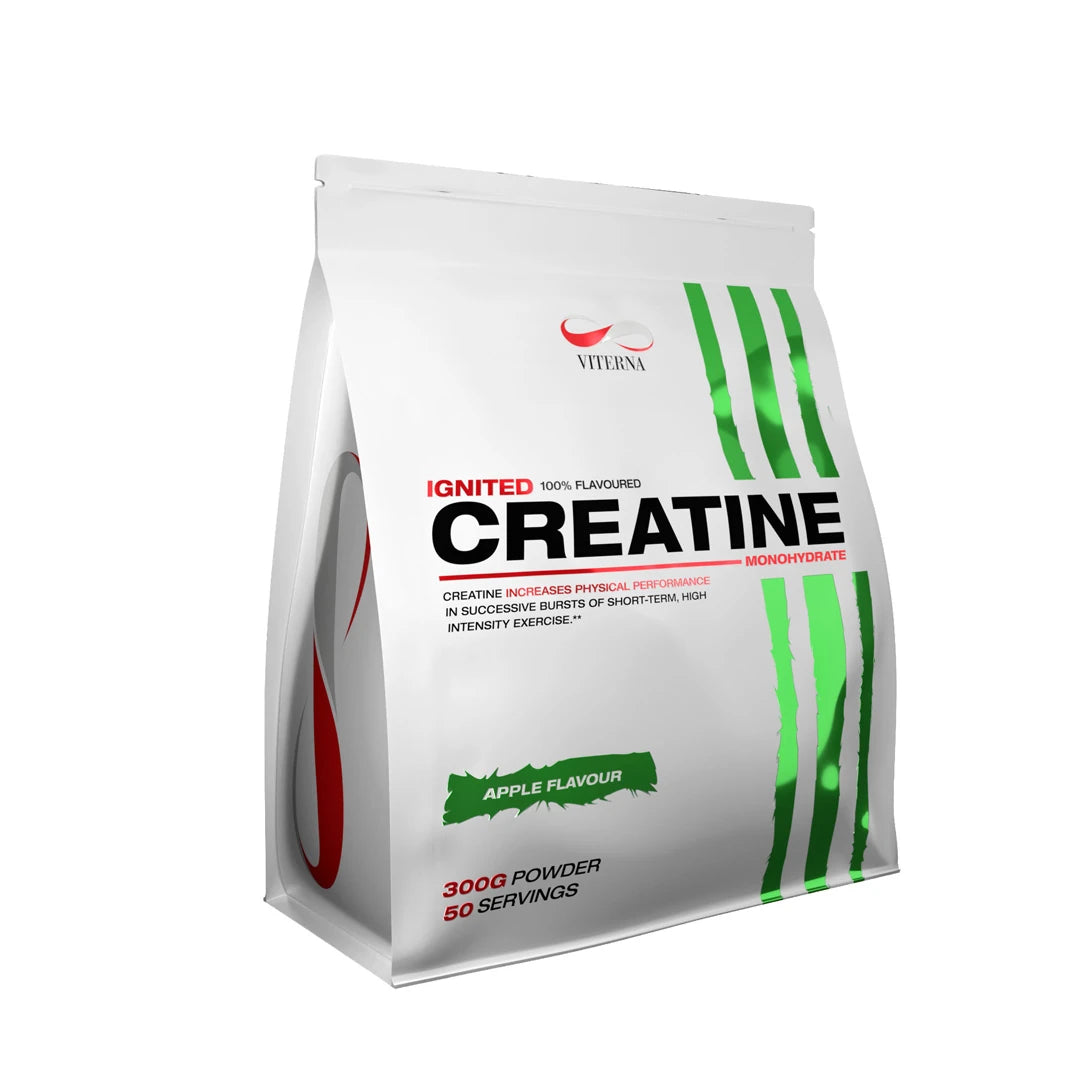 Viterna Ignited Creatine 300 g -kreatiinijauhe valkoisessa pussissa vihreillä yksityiskohdilla, makuna omena.