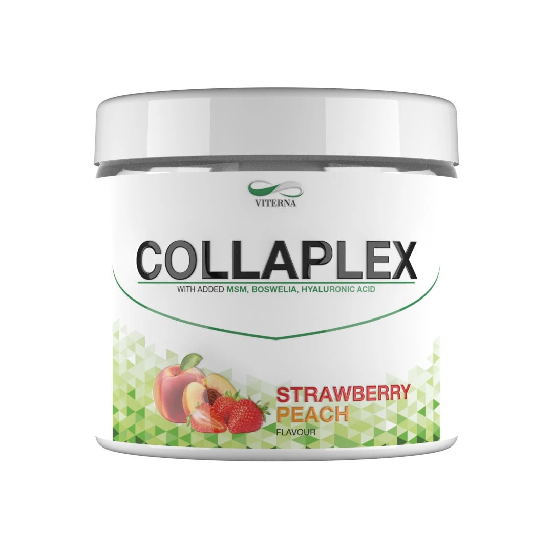 Viterna Collaplex powder 400 g kollagen i en vit burk med gröna detaljer och fruktmotiv för smaken Strawberry Peach., bild 1 av 1