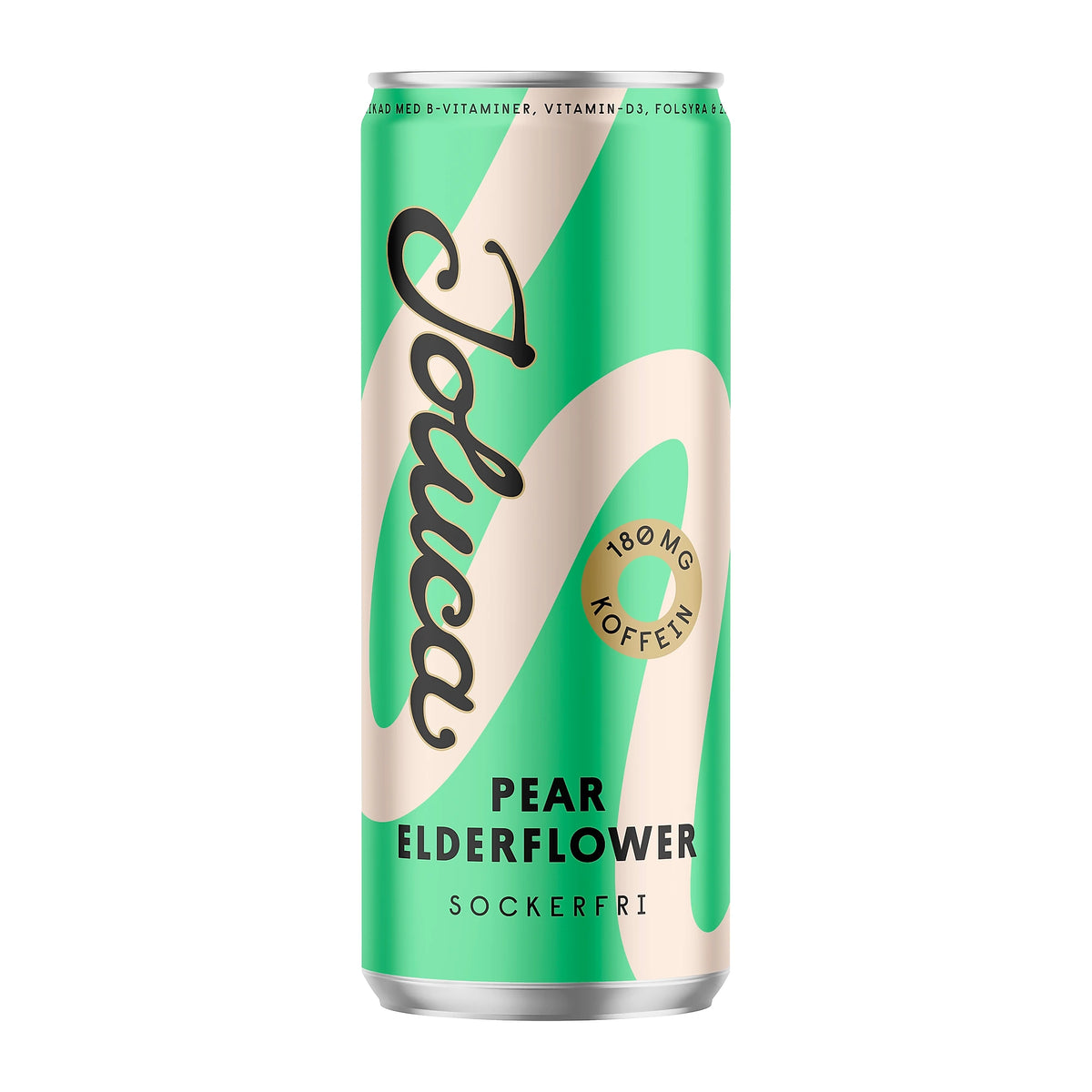 Joluca 330 ml -energiajuoma 180 mg kofeiinilla vihreässä ja beigessä tölkissä, makuna Pear Elderflower., kuva 1/6