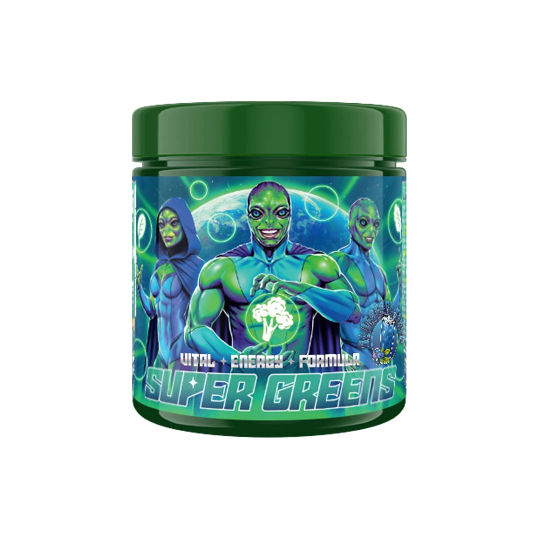 Swedish Supplements Super Greens 250 g -viherjauhe tummanvihreässä purkissa, jonka etiketissä on avaruusaihe., kuva 1/1