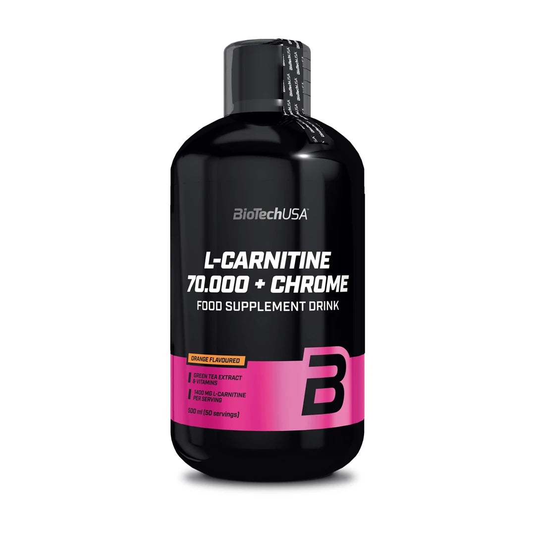 BioTechUSA L-Carnitine 70.000 + Chrome 500 ml -nestemäinen ravintolisä mustassa pullossa vaaleanpunaisilla yksityiskohdilla., kuva 1/2
