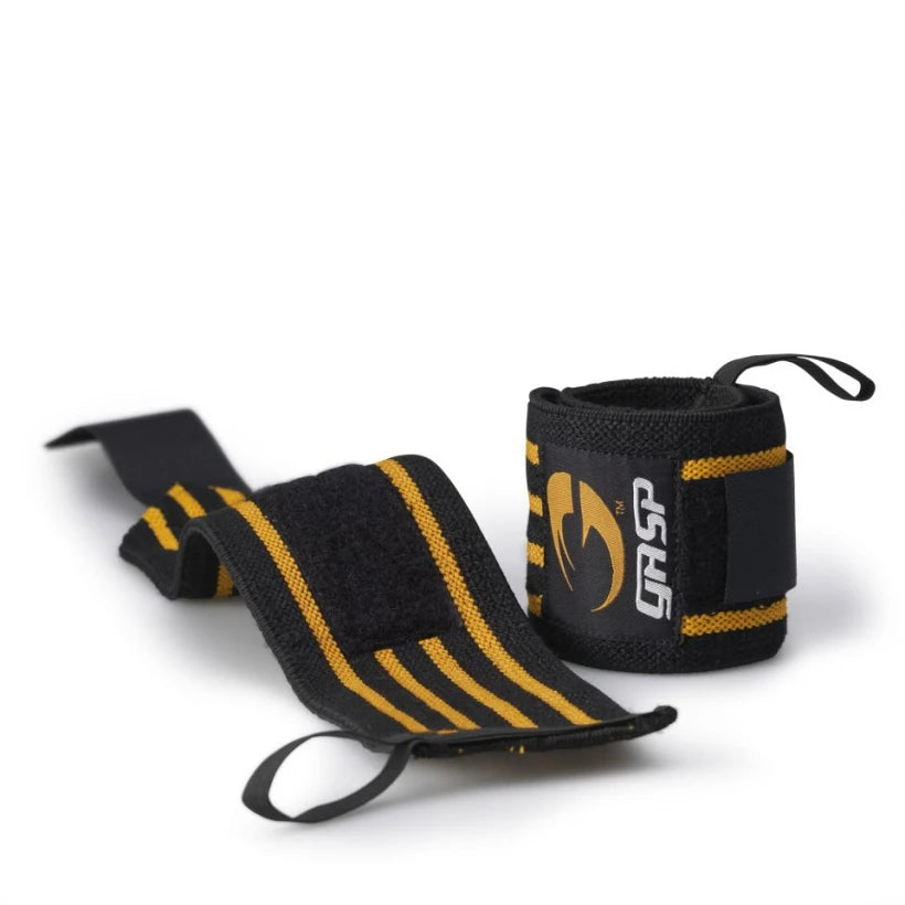 Gasp Hardcore Wrist Wraps Black, svarta handledslindor i elastisk väv med orangea ränder och tumgrepp för tunga lyft.