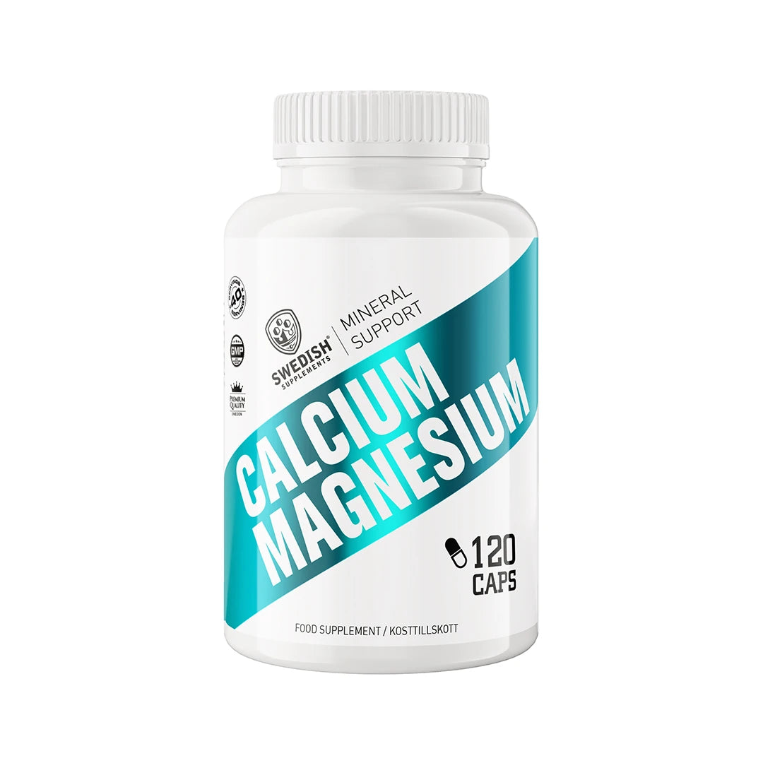 Swedish Supplements Calcium + Magnesium 120 caps -ravintolisä valkoisessa purkissa turkooseilla yksityiskohdilla., kuva 1/1