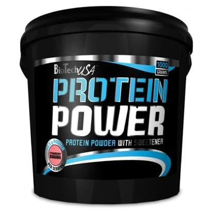 BioTechUSA Protein Power 4 kg -proteiinijauhe mustassa ämpärissä sinisillä yksityiskohdilla, makuna Strawberry-Banana., kuva 1/1