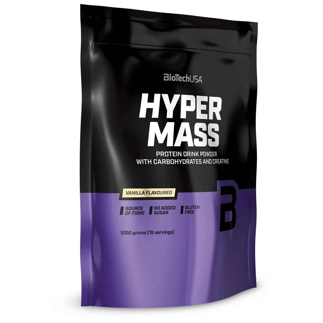 BioTechUSA Hyper Mass 1 kg -gainer mustassa ja liilassa pussissa, makuna Vanilla., kuva 1/1