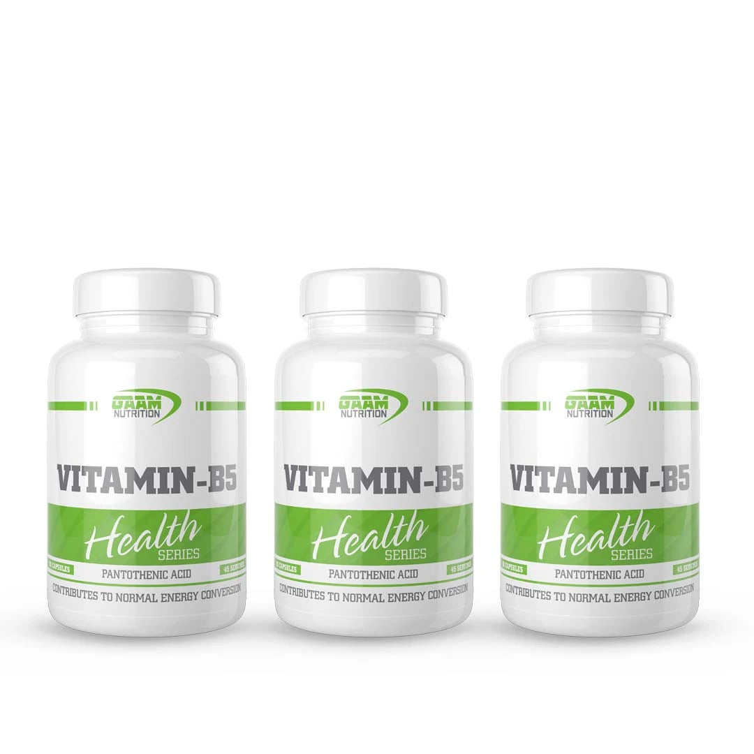 3 x GAAM Vitamin B5 90 caps -vitamiinilisä kolmessa valkoisessa muovipurkissa vihreillä ja harmailla yksityiskohdilla., kuva 1/1