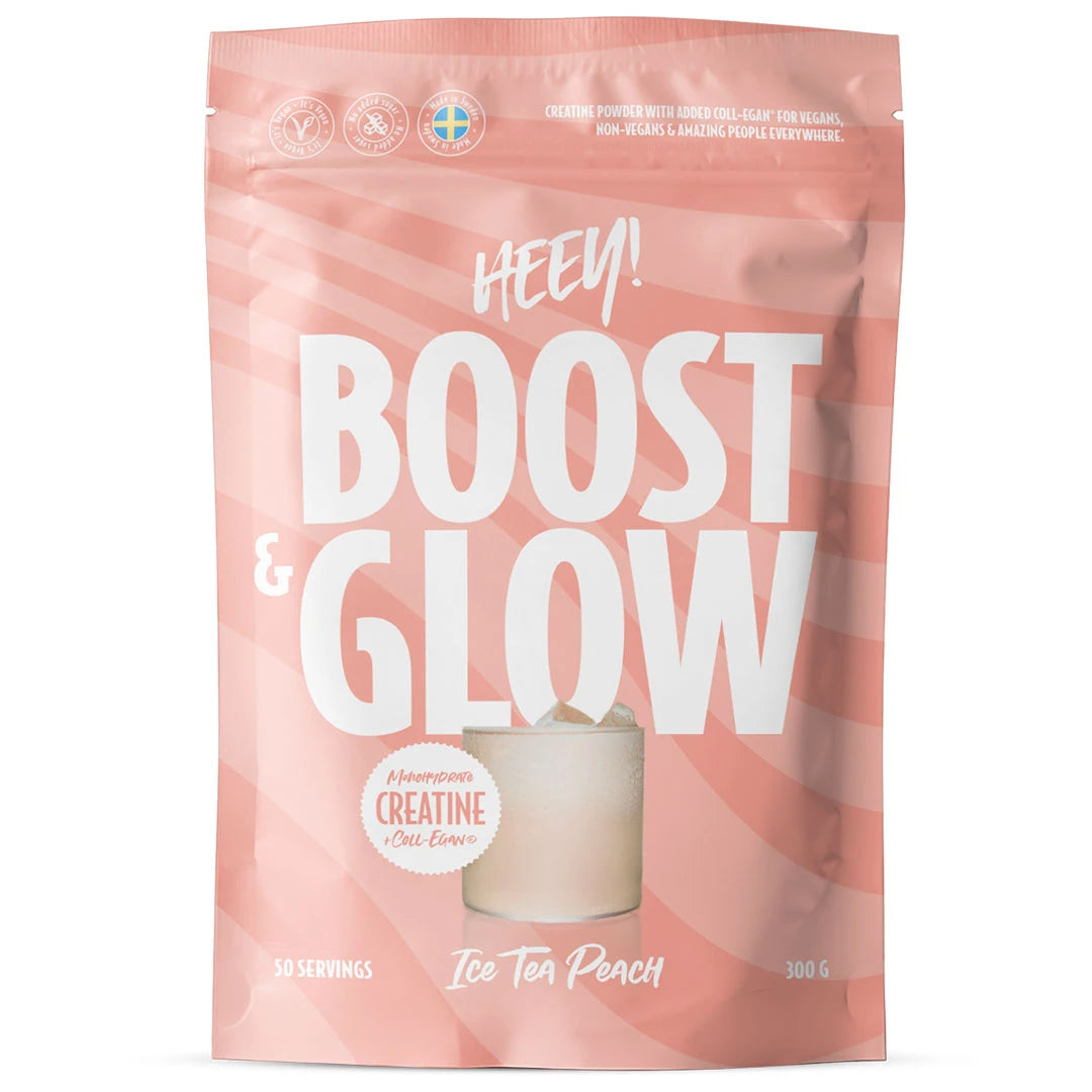 Heey! Boost &amp; Glow Creatine + Coll-egan® 300 g -kreatiinijauhe vaaleanpunaisessa pussissa, makuna Ice Tea Peach., kuva 2/3
