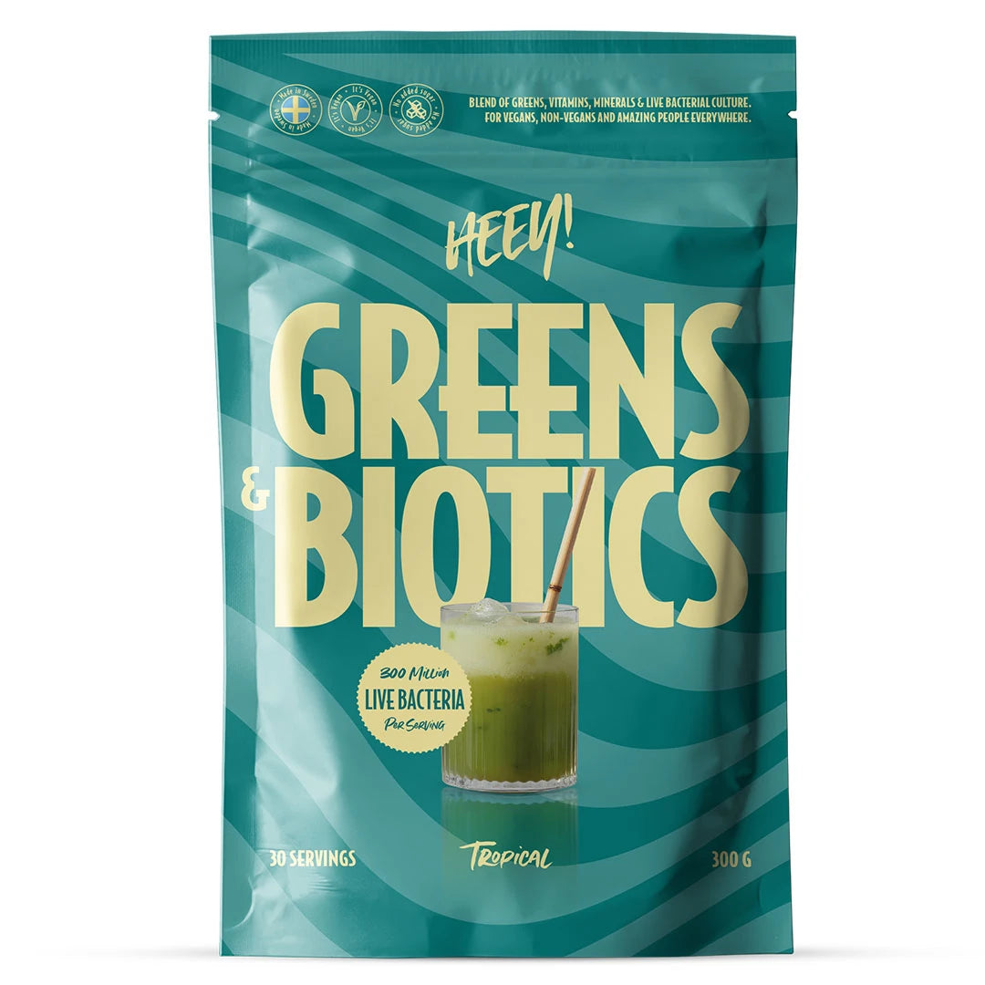 Heey! Greens &amp; Biotics Superfood + Probiotics 300 g -jauhe sinivihreässä pussissa, makuna Tropical., kuva 1/3