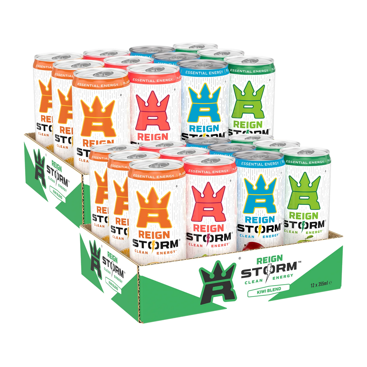24 x Reign Storm Energy 355 ml Mixflak kahdessa pahvilaatikossa, joissa on valkoisia energiajuomatölkkejä ja värikkäitä yksityiskohtia eri mauille., kuva 1/1