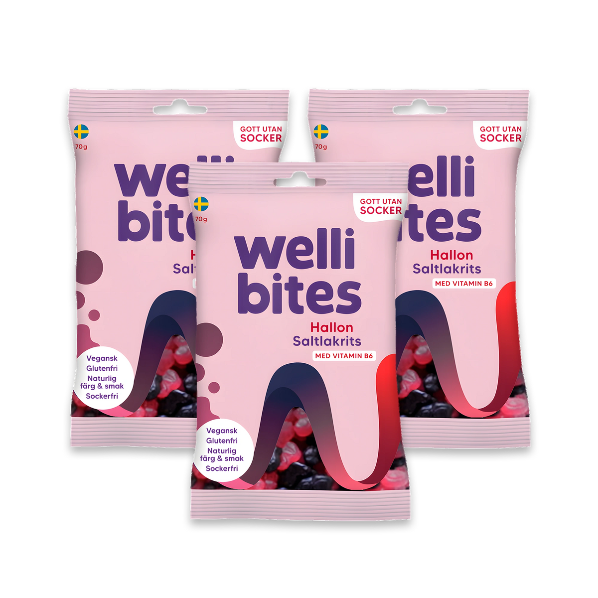 3 x Wellibites Candy 70 g Hallon &amp; Saltlakrits i tre ljusrosa påsar för det sockerfria godiset., bild 1 av 1