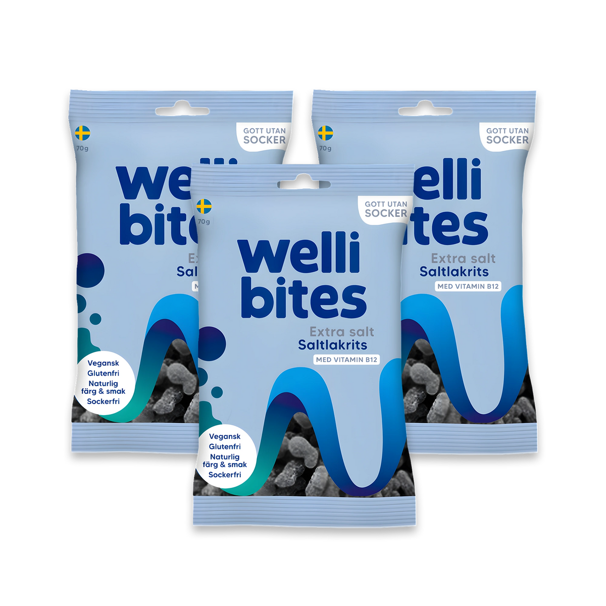 3 x Wellibites Candy 70 g Extra salt Saltlakrits sokerittomat vegaanikarkit vaaleansinisissä pusseissa., kuva 1/1