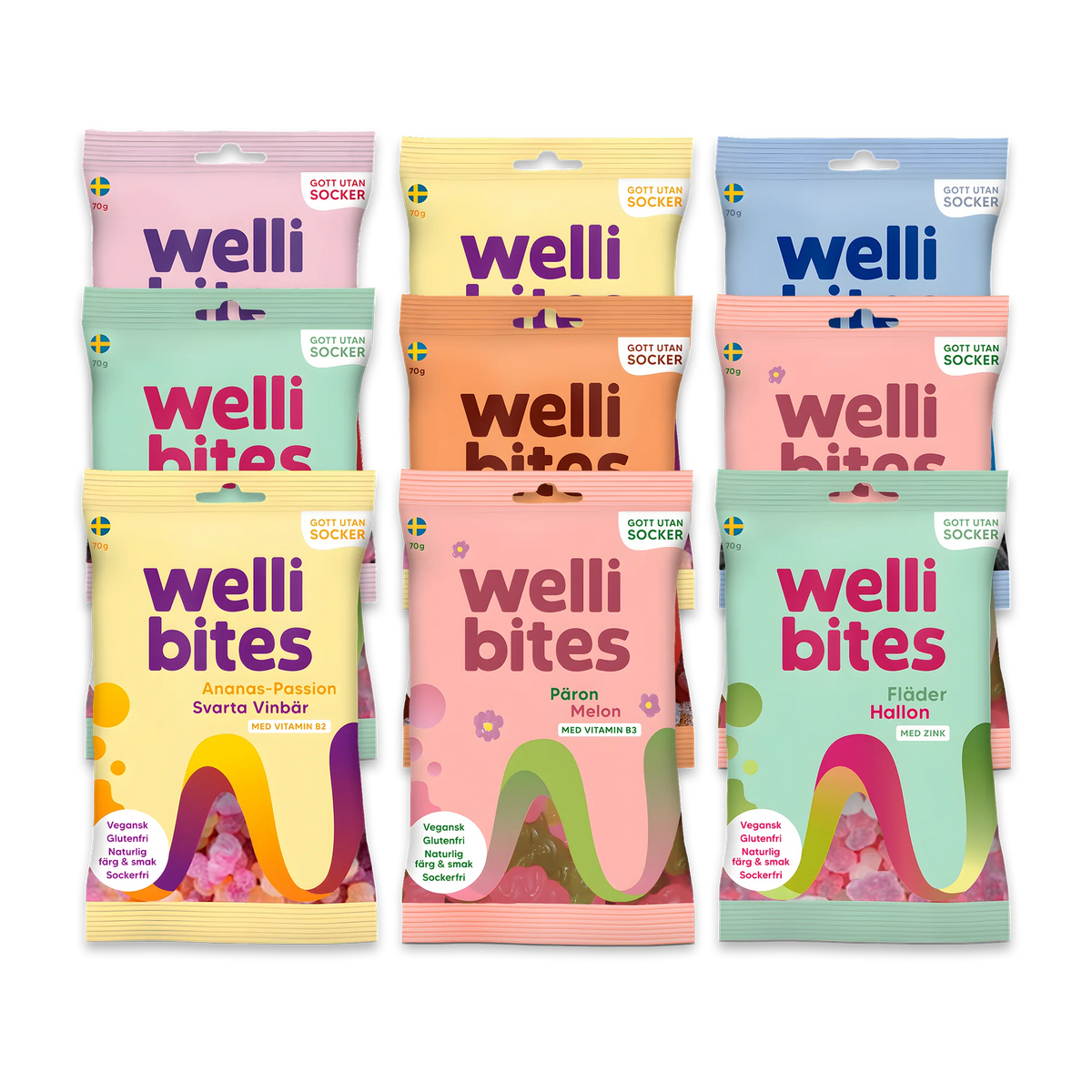 9 x Wellibites Candy 70 g värikkäissä karkkipusseissa eri mauissa, kuten mansikka-cola ja extra suolalakritsi., kuva 1/1