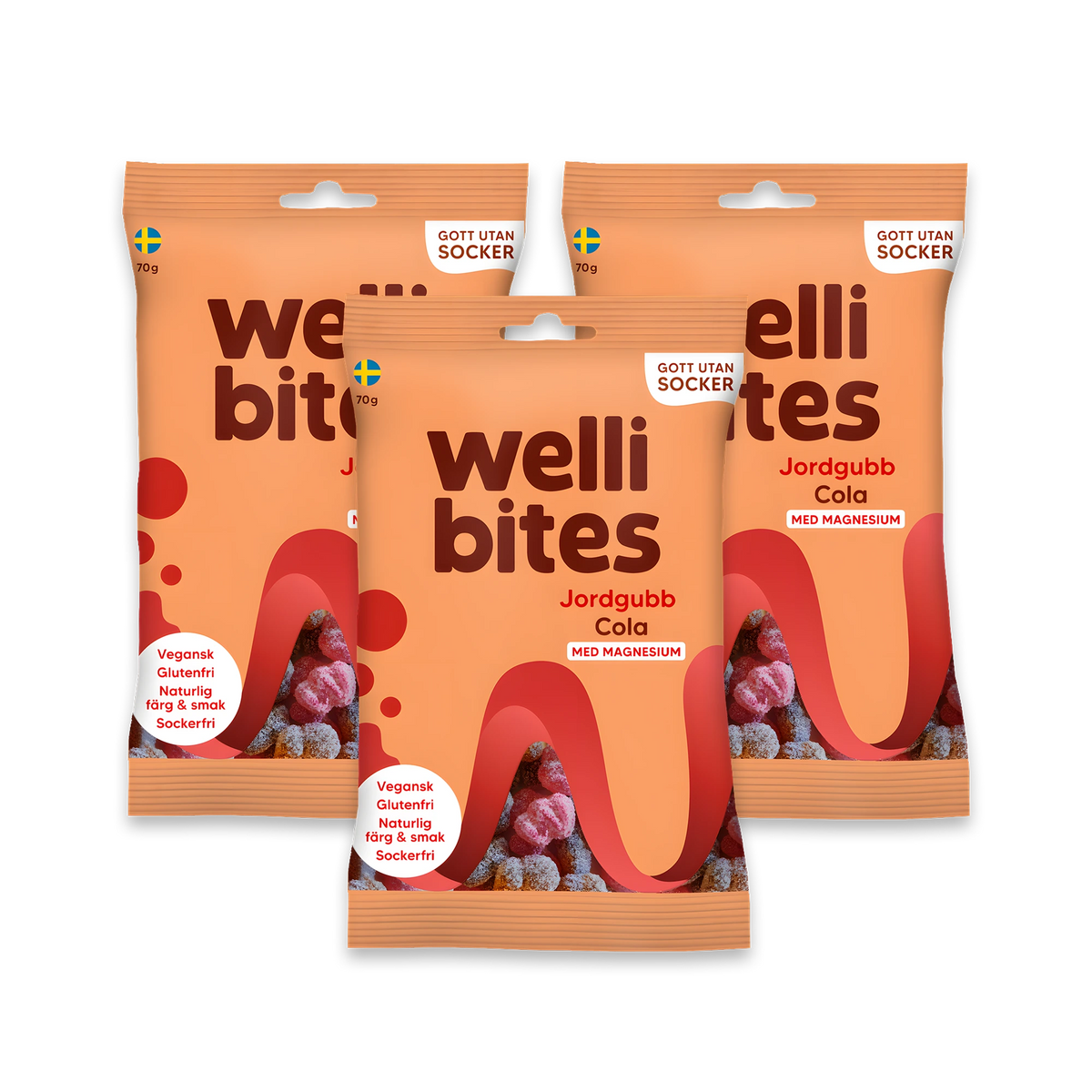 3 x Wellibites Candy 70 g Jordgubb &amp; Cola kolmessa vaaleanoranssissa pussissa punaisilla ja mustilla yksityiskohdilla., kuva 1/1