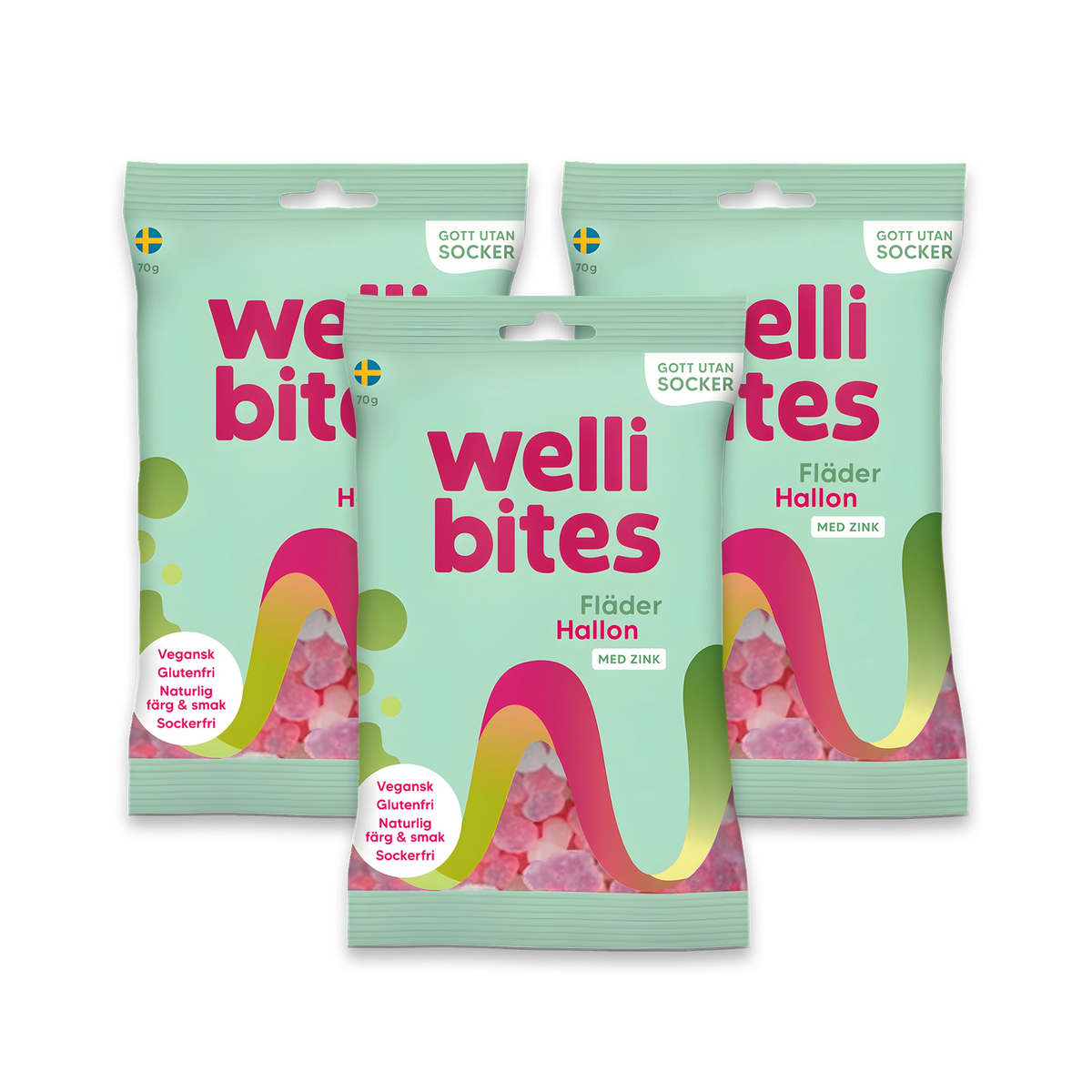 3 x Wellibites Candy 70 g vihreissä pusseissa värikkäillä yksityiskohdilla, makuna Fläder &amp; Hallon., kuva 1/1