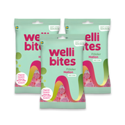 3 x Wellibites Candy 70 g i gröna påsar med färgglada detaljer för smaken Fläder & Hallon.
