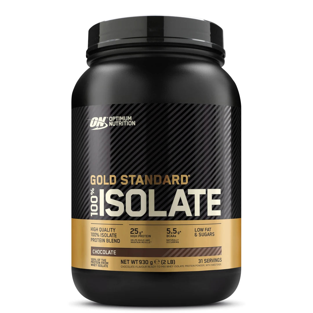 Optimum Nutrition 100% Gold Standard Isolate 930 g mustassa purkissa kultaisilla yksityiskohdilla, makuna Chocolate., kuva 1/1