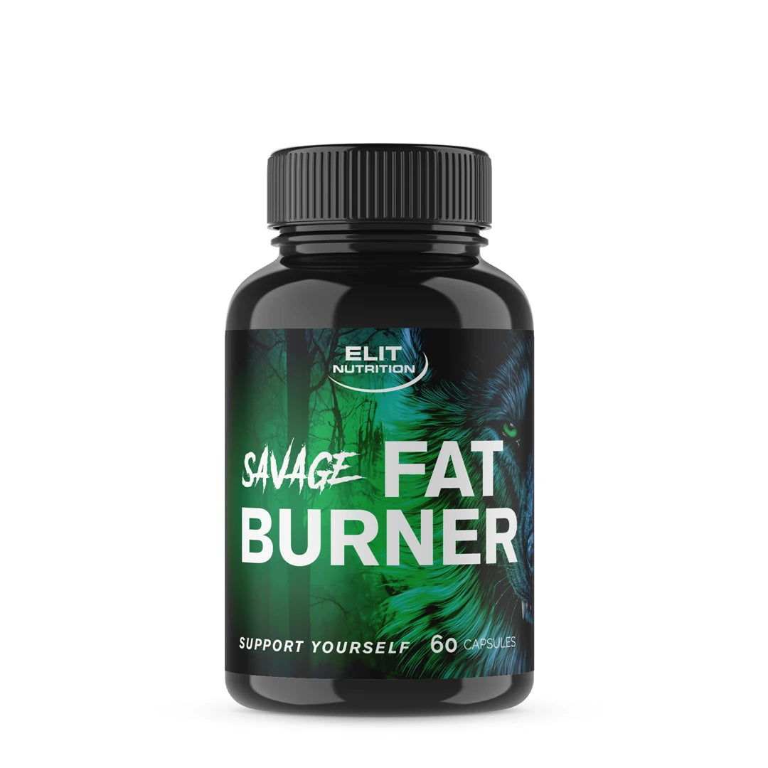 Elit Nutrition Savage FAT Burner 90 caps -rasvanpolttaja mustassa purkissa, jossa on tummanvihreä design., kuva 1/1