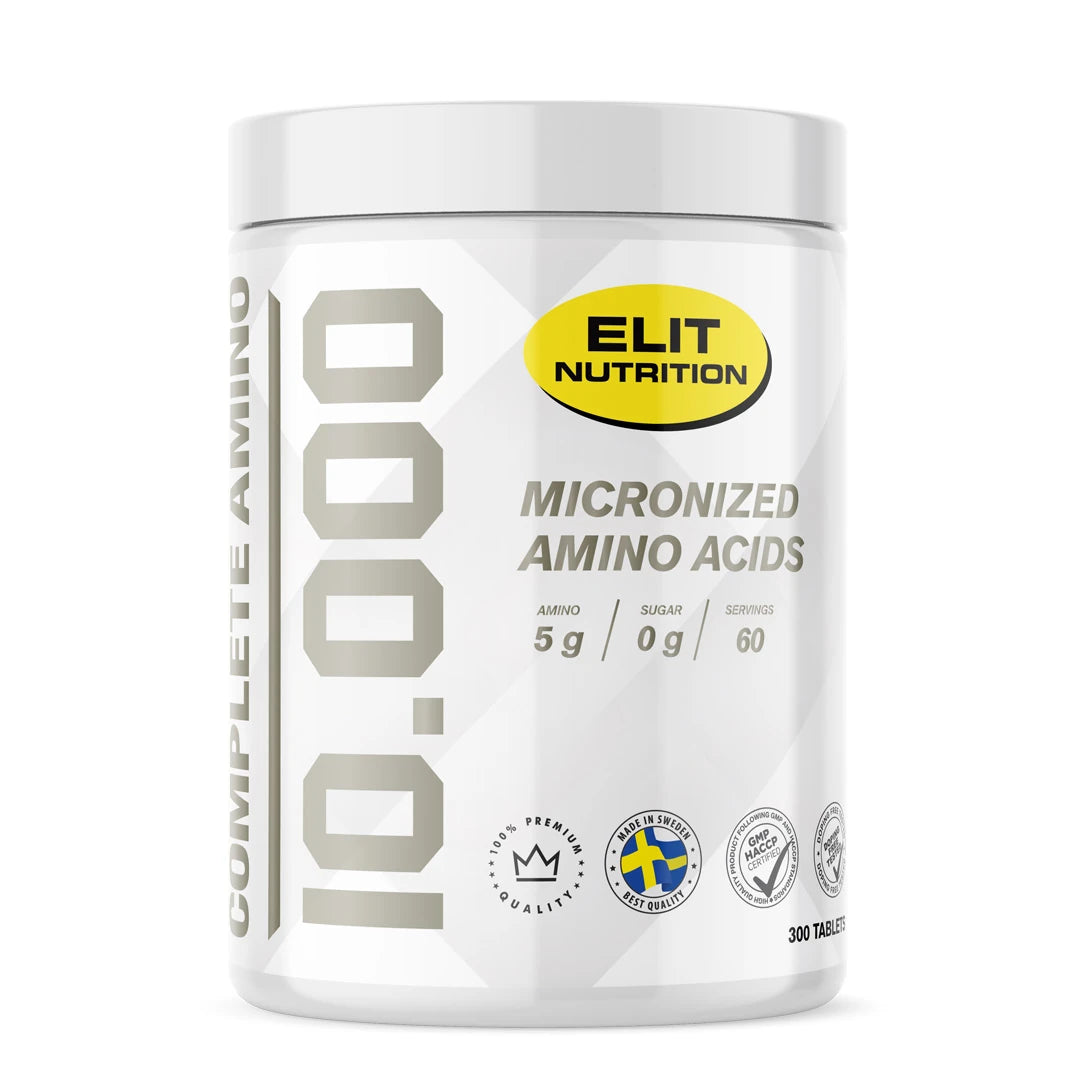 Elit Nutrition Complete Amino 10.000 300 tabs valkoisessa purkissa hopeisilla ja keltaisilla yksityiskohdilla., kuva 1/1