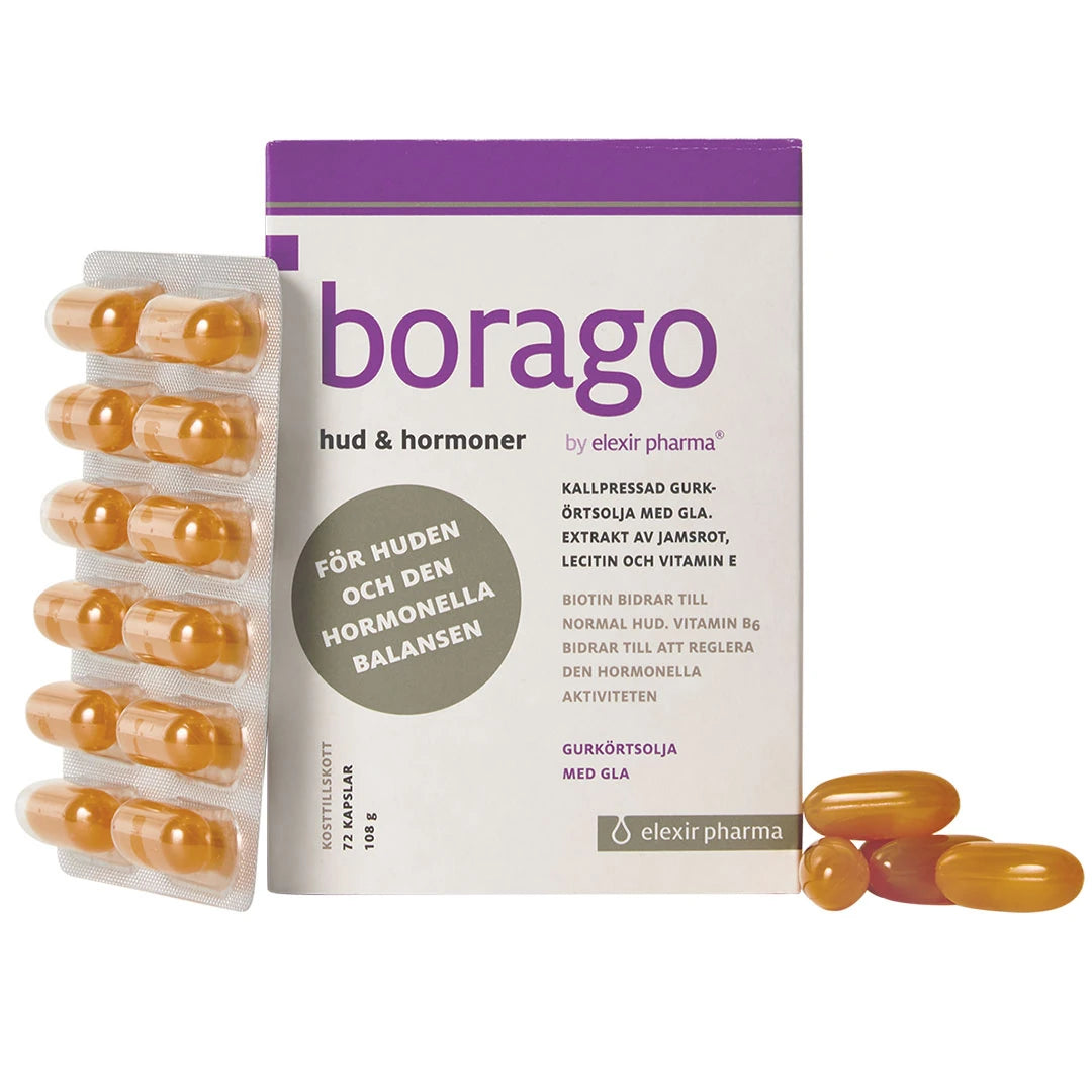 Elexir Pharma Borago 72 caps valko-liilassa rasiassa, vieressä läpipainopakkaus ja oransseja kapseleita., kuva 1/1