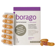 Elexir Pharma Borago 72 caps i en vit ask med lila text, bredvid en blisterkarta och lösa orangea kapslar.