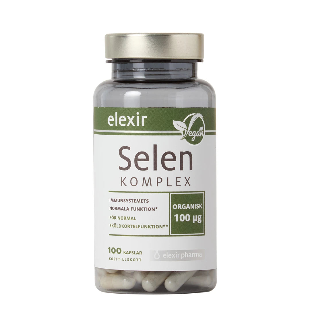 Elexir Pharma Selen Komplex 100 caps läpinäkyvässä, hopeakantisessa muovipurkissa vihreävalkoisella etiketillä., kuva 1/1