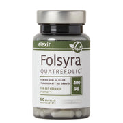 Elexir Pharma Folsyra 60 caps tummassa muovipurkissa, jossa on hopea kansi, valkoinen etiketti ja vihreitä yksityiskohtia.