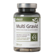 Elexir Pharma Multi Gravid 120 caps -monivitamiini tummassa läpinäkyvässä purkissa hopeakannella ja vihreällä etiketillä.