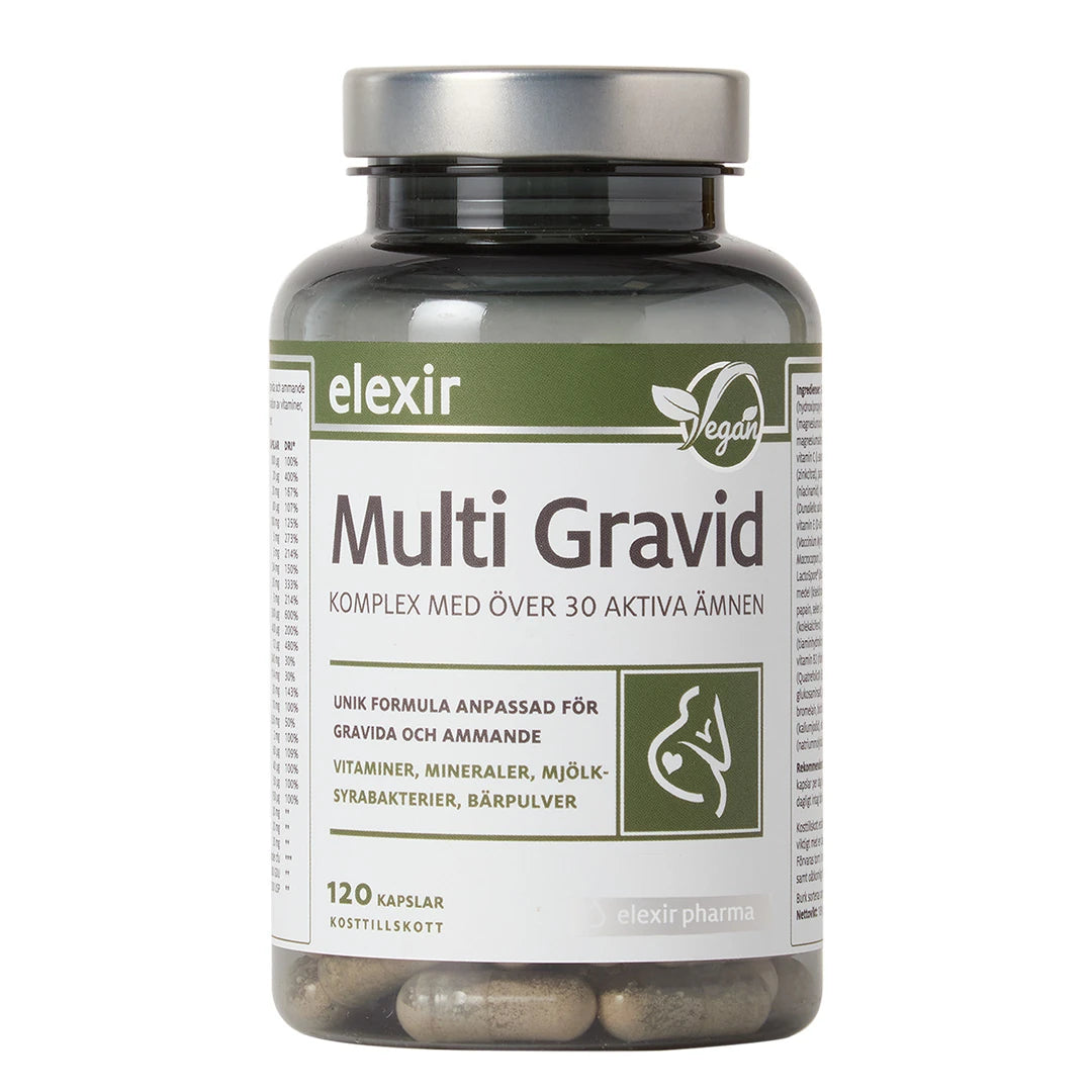 Elexir Pharma Multi Gravid 120 caps -monivitamiini tummassa läpinäkyvässä purkissa hopeakannella ja vihreällä etiketillä., kuva 1/1