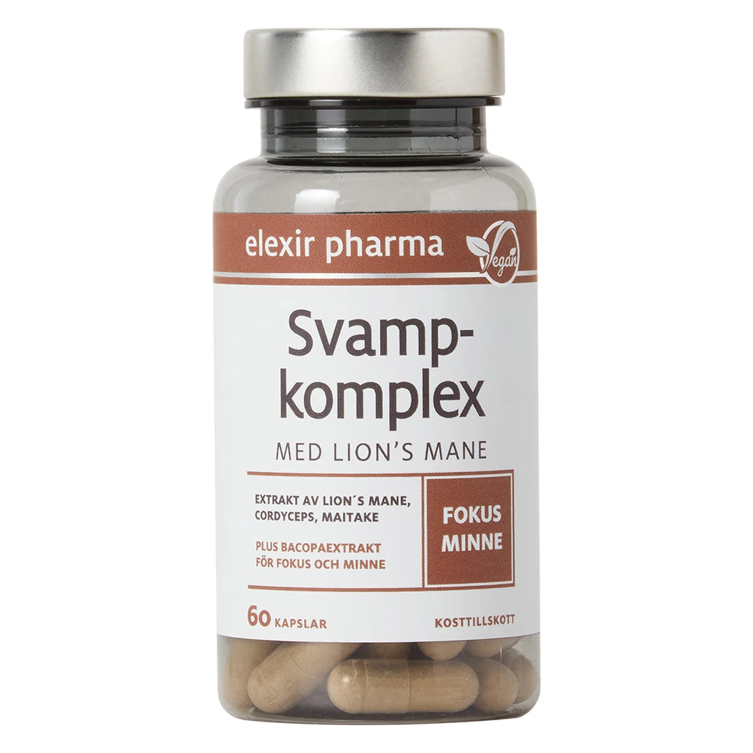 Elexir Pharma Svampkomplex med Lions mane 60 caps läpinäkyvässä purkissa, jossa on valkoinen etiketti ja hopeakansi., kuva 1/1