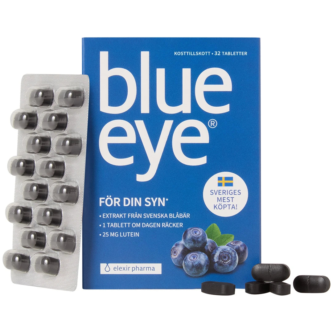 Elexir Pharma Blue Eye 32 tabs -ravintolisä sinisessä rasiassa tummilla tableteilla ja läpipainopakkauksella silmien hyvinvointiin., kuva 1/1