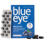 Elexir Pharma Blue Eye 32 tabs -ravintolisä sinisessä rasiassa tummilla tableteilla ja läpipainopakkauksella silmien hyvinvointiin.