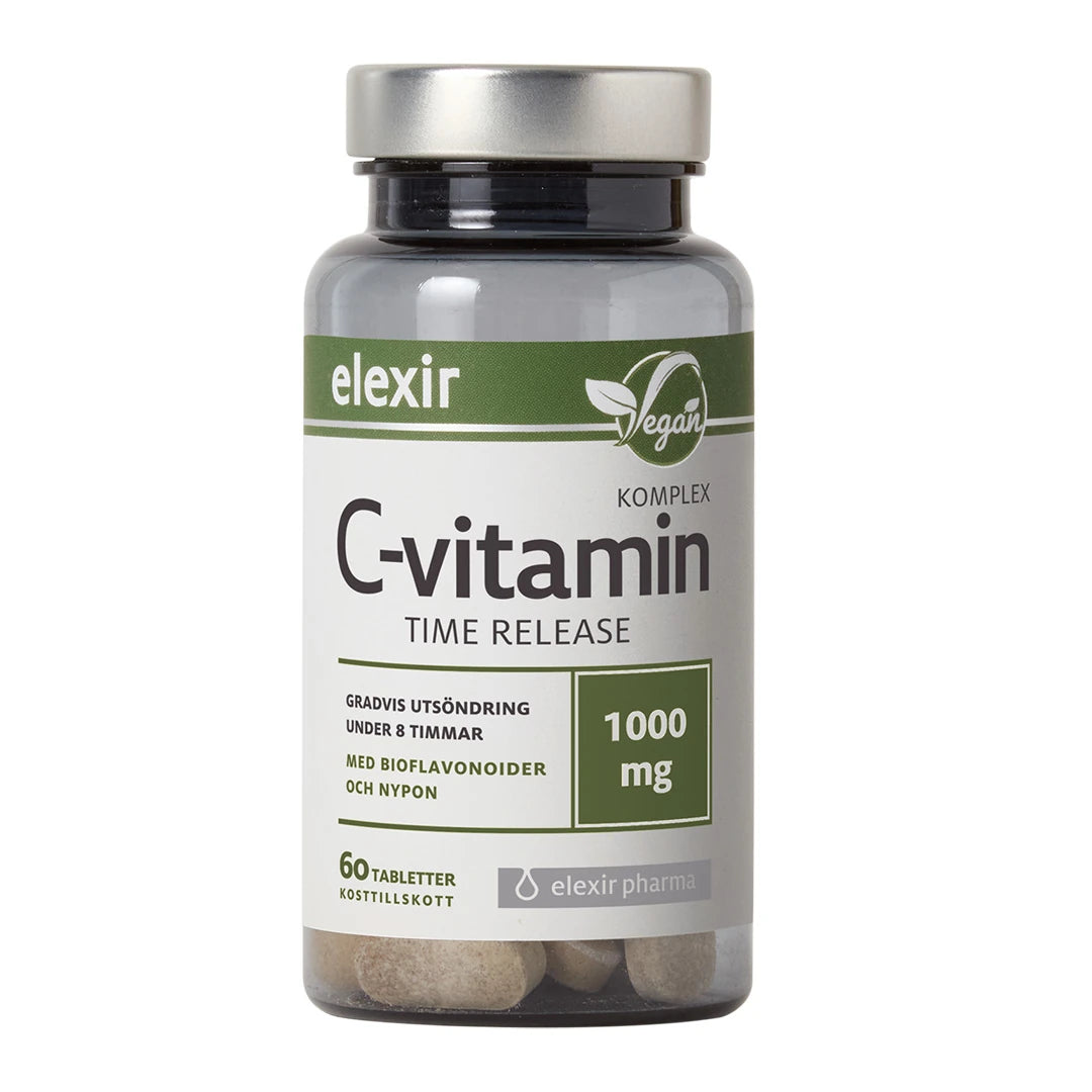 Elexir Pharma C-Vitamin Komplex Time Release 60 tabs läpinäkyvässä purkissa, jossa valkoinen etiketti ja hopeakansi., kuva 1/1