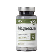 Elexir Pharma Magnesium 250 mg 100 tabs tummassa muovipurkissa, jossa on hopeinen kansi ja valkovihreä etiketti.