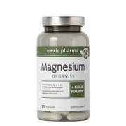 Elexir Pharma Magnesium Organisk 90 caps i en transparent burk med silverlock och vit etikett med gröna detaljer.