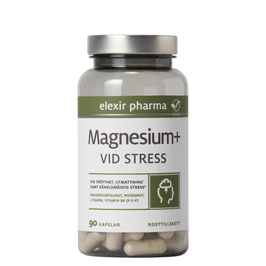 Elexir Pharma Magnesium+ Vid stress 90 caps i en transparent burk med grön och vit etikett och silvrigt lock., bild 1 av 1