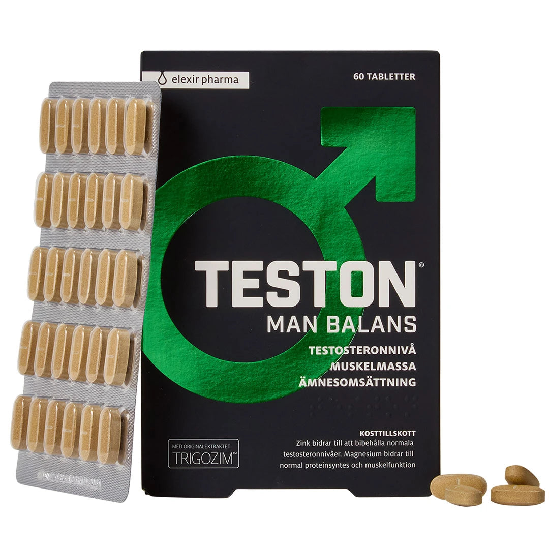Elexir Pharma Teston Man Balans 60 tabs mustassa rasiassa vihreillä yksityiskohdilla sekä beiget tabletit liuskassa., kuva 1/1