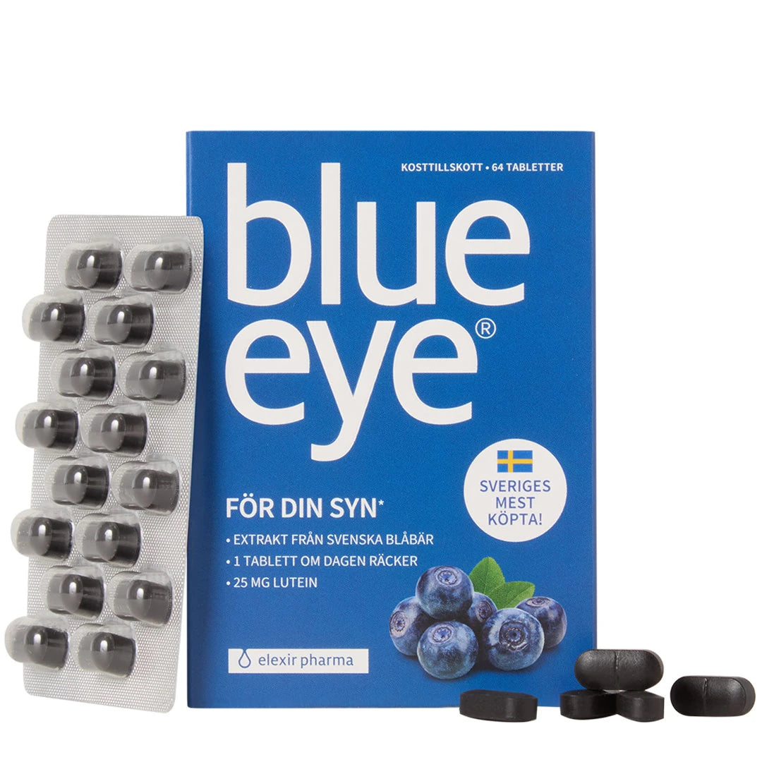 Elexir Pharma Blue Eye 64 tabs, ravintolisä sinisessä rasiassa tummia tabletteja sisältävän läpipainopakkauksen ja mustikoiden vieressä., kuva 1/1