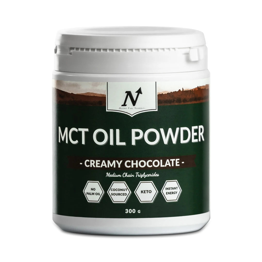 Nyttoteket MCT Oil Powder 300 g valkoisessa purkissa tummanvihreällä etiketillä, makuna Creamy Chocolate., kuva 1/1