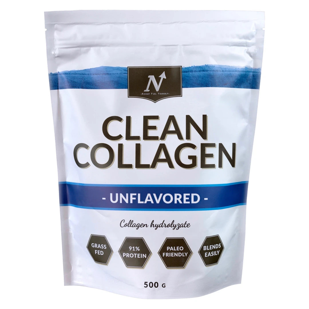 Maustamaton Nyttoteket Clean Collagen 500 g -kollageenijauhe valkoisessa pussissa sinisillä yksityiskohdilla., kuva 1/1
