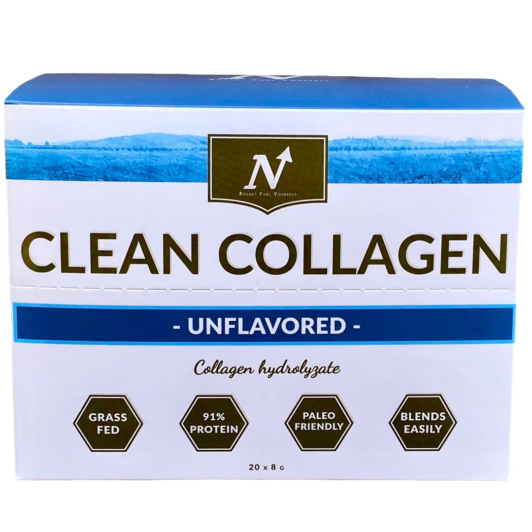Nyttoteket Clean Collagen - Stickpack 20 x 8 g, maustamaton kollageenijauhe valkoisessa rasiassa sinisillä yksityiskohdilla., kuva 1/1